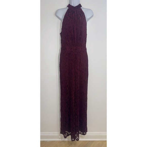 Anthropologie ett:twa Burgundy Lace Halter Jumpsuit Pockets Women Size 4 - Picture 1 of 13